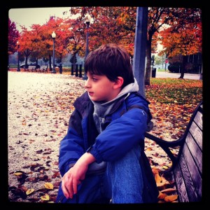 Boy on a bench, fall trees