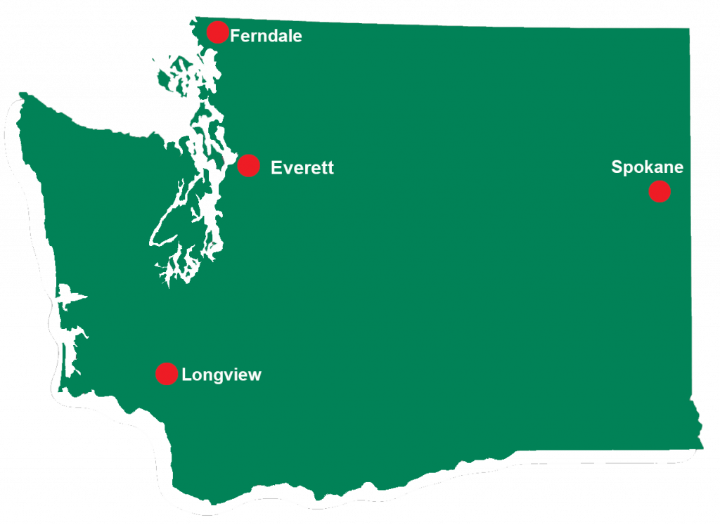 Map of Washington State with red locator pins for each of the four enhanced respite locations. Everett, Ferndale, Longview, Spokane.