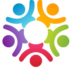 multi colored stick figures form a circle