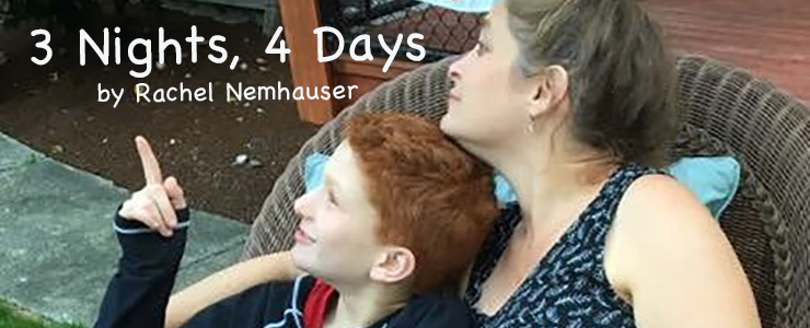 3 Nights, 4 Days by Rachel Nemhauser, image of mother and son in outdoor chair