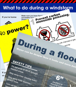 cropped and layered emergency fact sheets for flood, power outage and windstorm