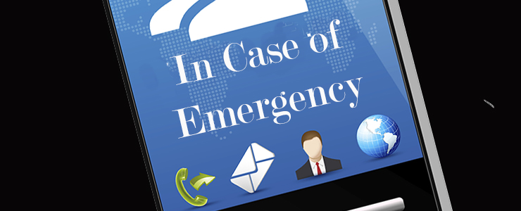 smart phone screen with communication icons and text In Case of Emergency