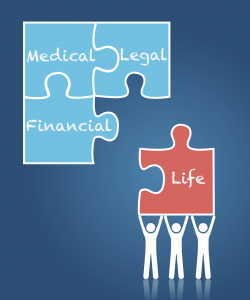 Medical, Legal, Financial, Life puzzle pieces held up by three stick people.