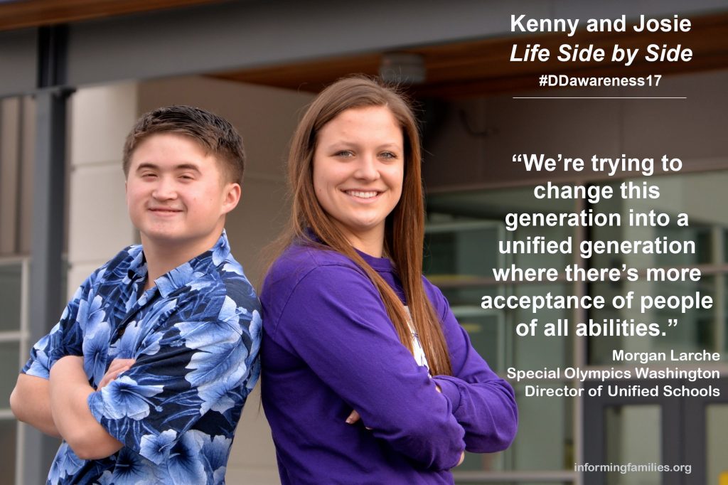 two high school students standing side by side, with quote from Special Olympics Washington Unified Schools Director Morgan Larche