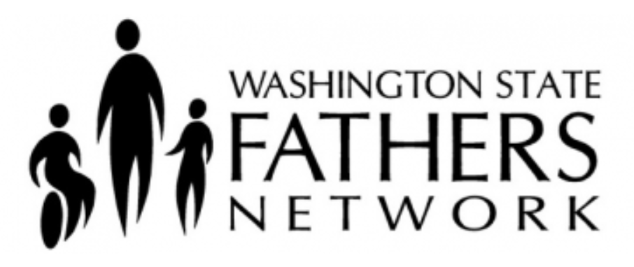 Washington State Father's Network logo. Black cut out figures of an adult and two children, one using a wheelchair