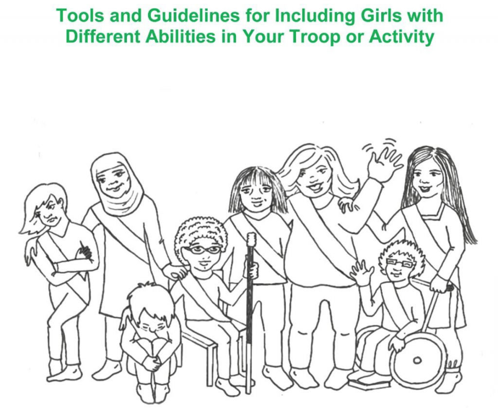 Black and white drawing of girls of different shapes and sizes, including a girl in a wheelchair, and one with a cane