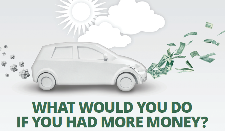 gray and white illustration of a car with sun and clouds in background. Money is coming out from under the front hood. Text reads: What would you do if you had more money?