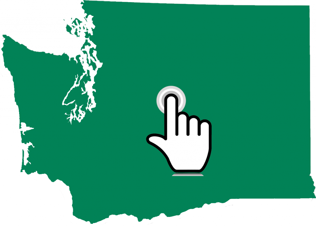 Green map of Washington State with graphic of a finger locator in the center of the map.