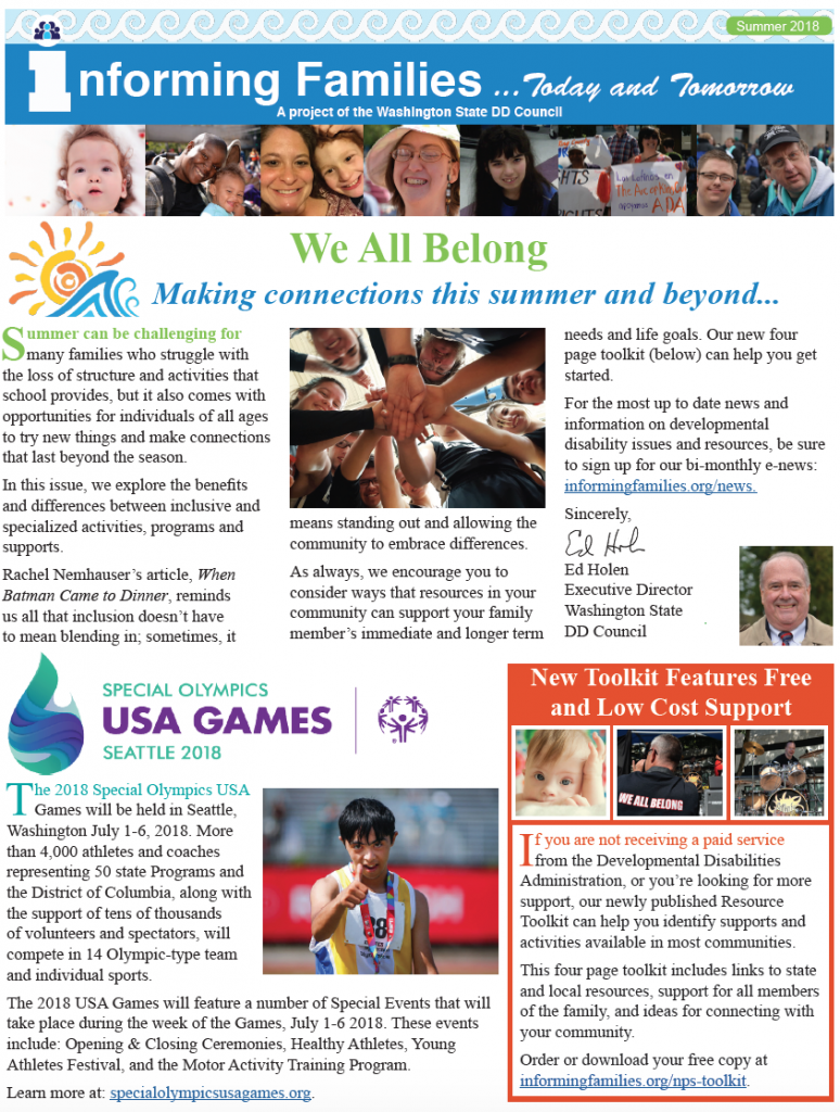 Front page of the summer 2018 newsletter with Informing Familes banner, introduction by Ed Holen, promotion of Special Olympics Summer USA Games, Link to Free Resource Toolkit.