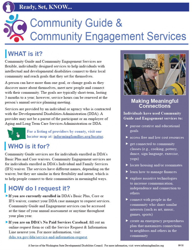 Image of printable bulletin with information about Community Guide and Engagement services.