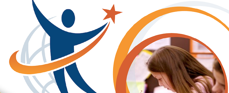 Swoopy stick figure in blue with arcing orange star and circles looping around the photo of a school girl.