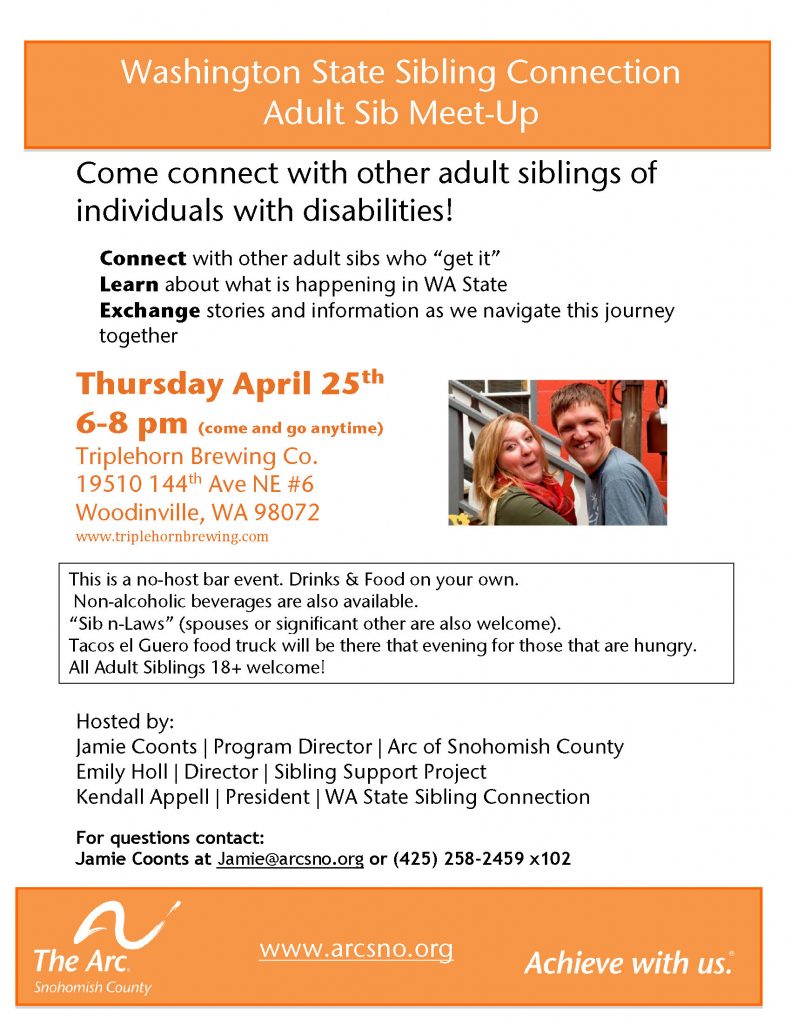 Thumbnail image of a flyer announcing the Adult Sibling Meet Up on April 25th from 6-8 pm at Triplhorn Brewing Company, Woodinville, WA