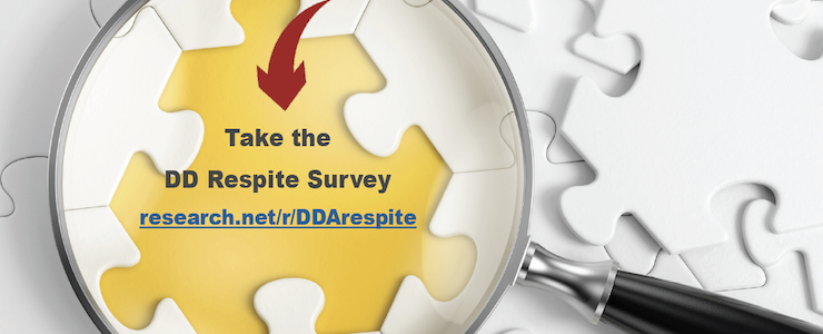 Magnifying glass held up to a puzzle with a missing piece. Text reads: Take the respite survey.