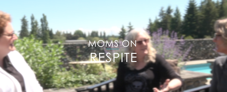 Blurred background, outside with three woman talking. Text reads Moms on Respite.