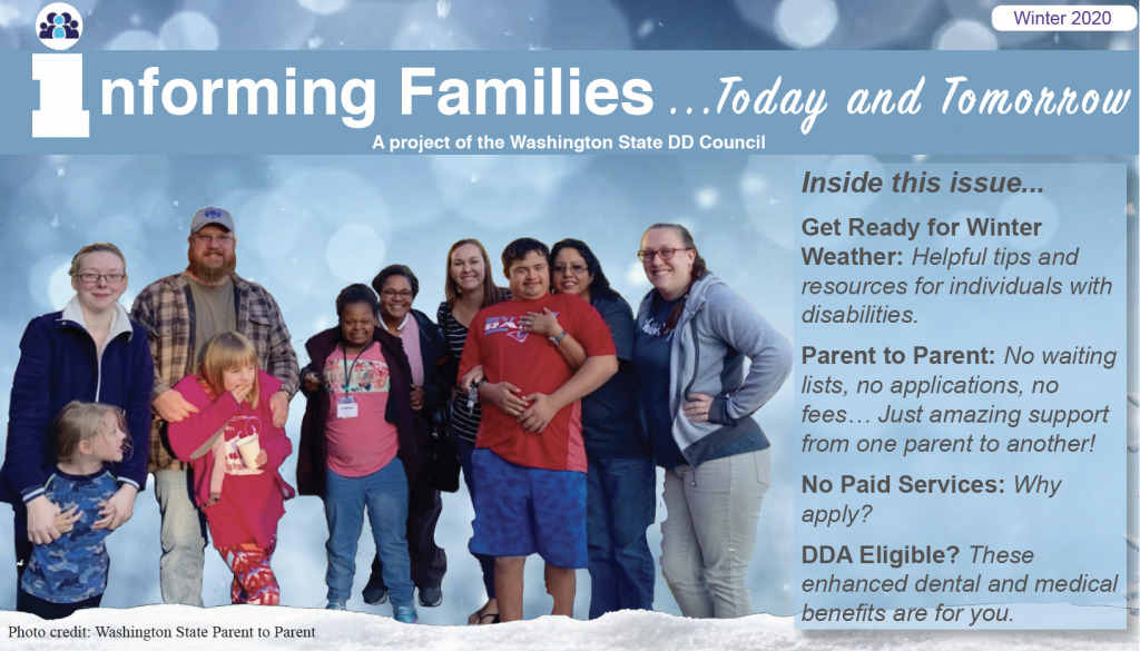 Parent to Parent families pose for a photo against a backdrop of winter blue and snow. Informing Families newsletter banner above and table of contents to the right.