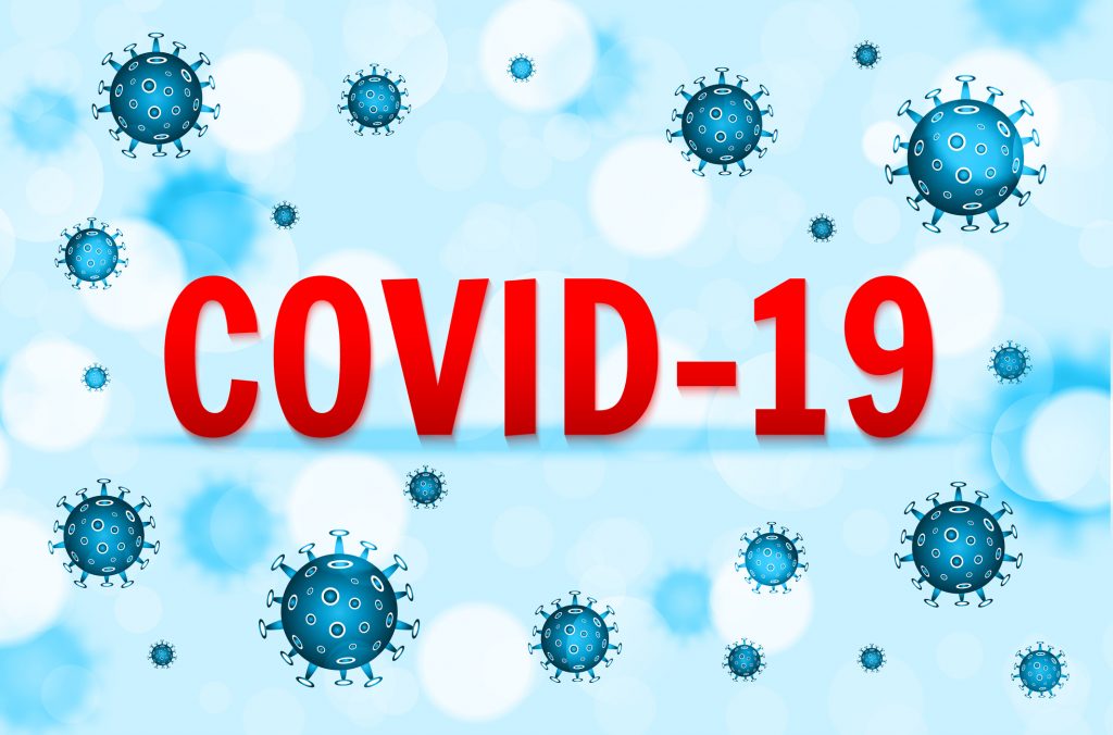 COVID-19 in red text. Background in blue with floating spiked coronavirus cells.