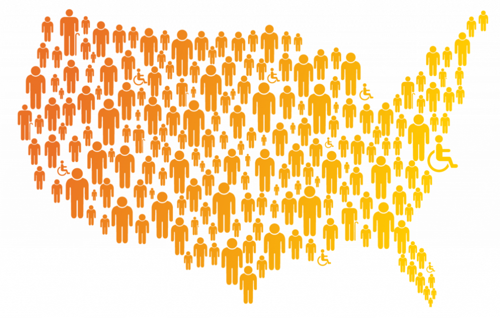 Map of the US composed of various sized people figures in shades of orange.