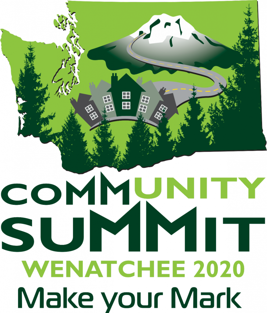 Map of Washington with images of Mount Rainier, trees, and a road leading to houses. Text reads: Community Summit Wenatchee 2020.