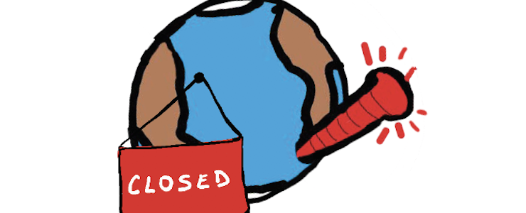Image of the globe with a red thermometer and a closed sign.