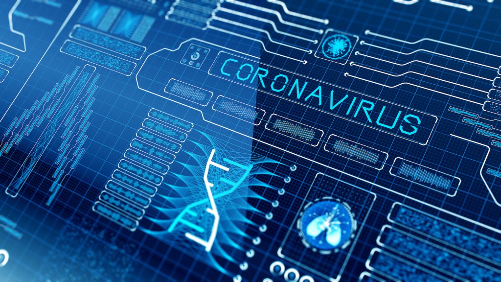 Coronavirus set against backlit graphs in blue tones.