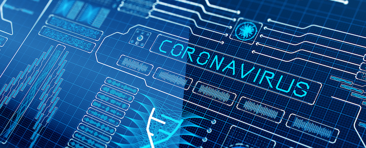 Coronavirus set against backlit graphs in blue tones.