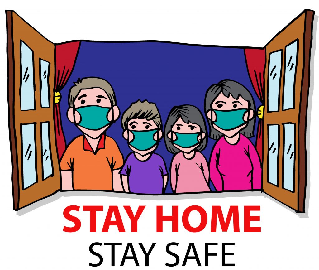 Four family members wearing face masks, looking outside their window. Text reads: Stay Home. Stay Safe.