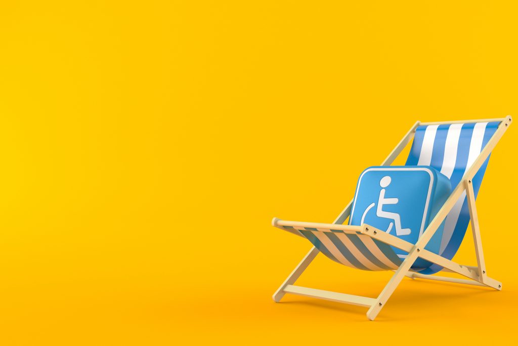 Disability symbol on deck chair isolated on orange background.