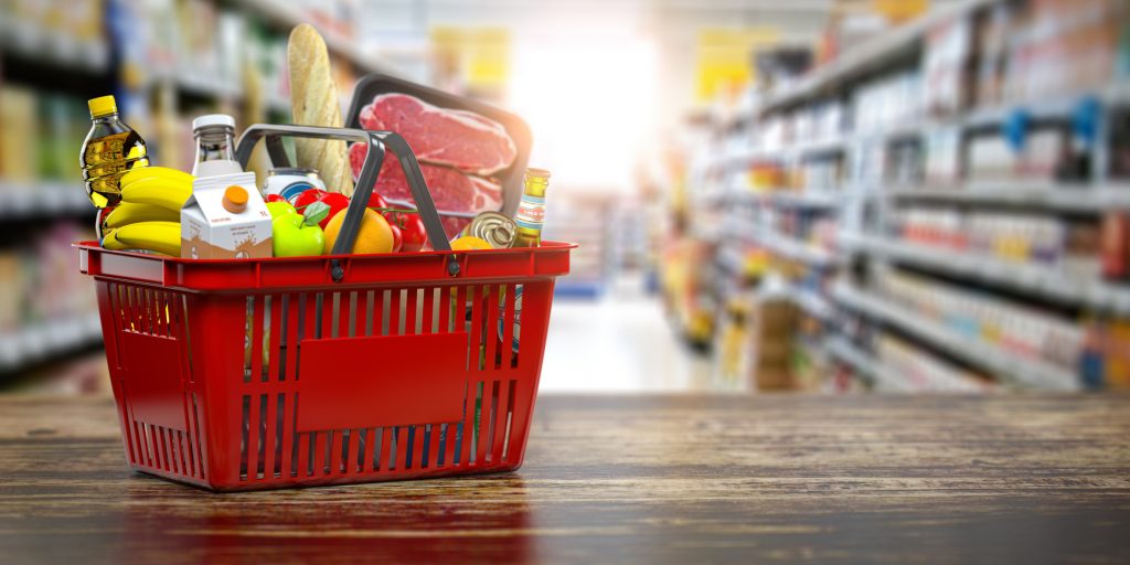 Shopping basket with fresh food. Grocery supermarket, food and eats online buying and delivery concept. 3d illustration.