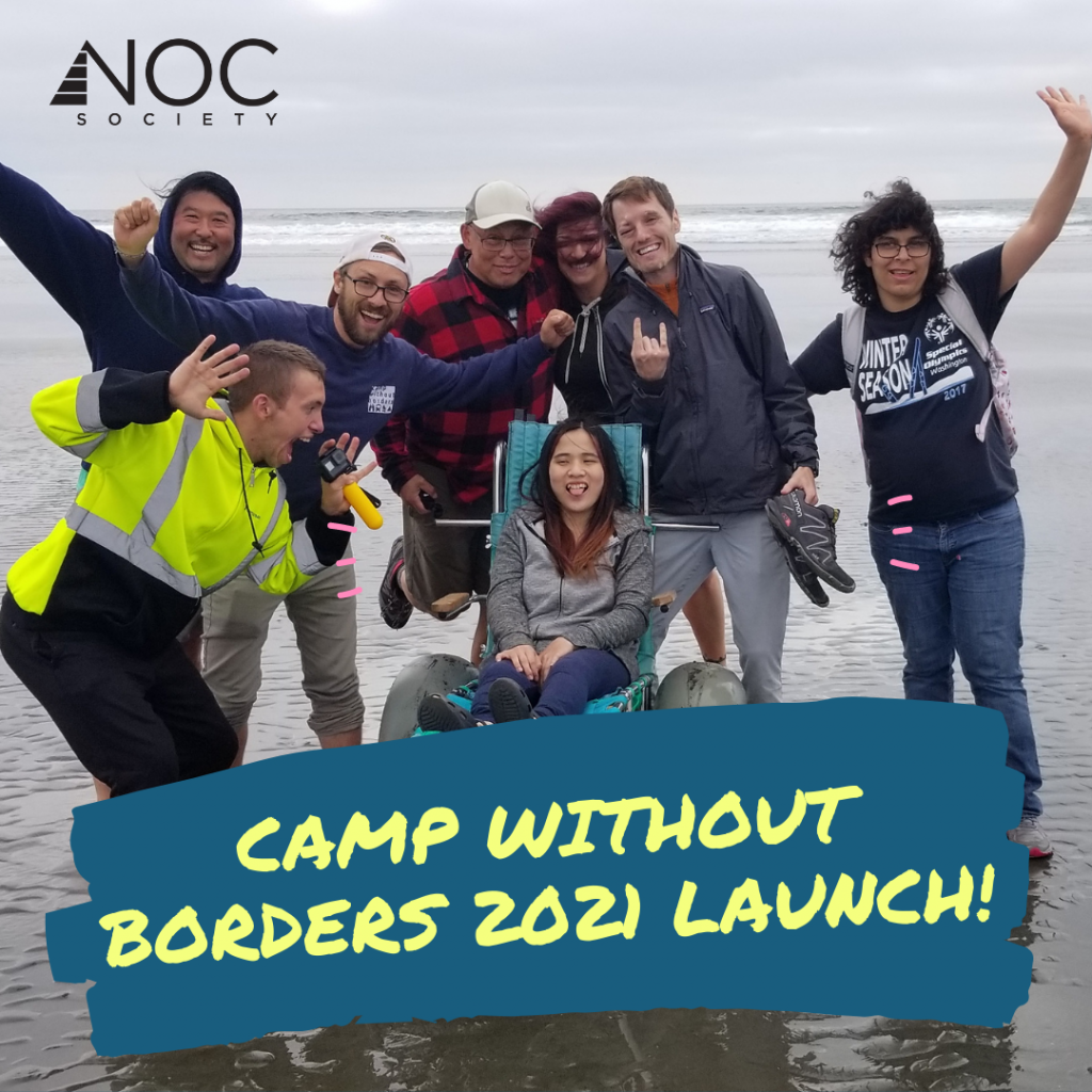 Camp without Borders 2021 Launch announcement. Young adults at the beach, celebrating.