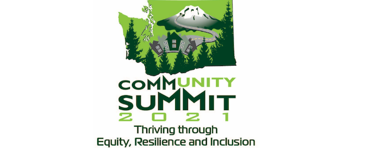 2021 Community Summit logo. Green map of Washington state with trees, mountain, road and buildings.